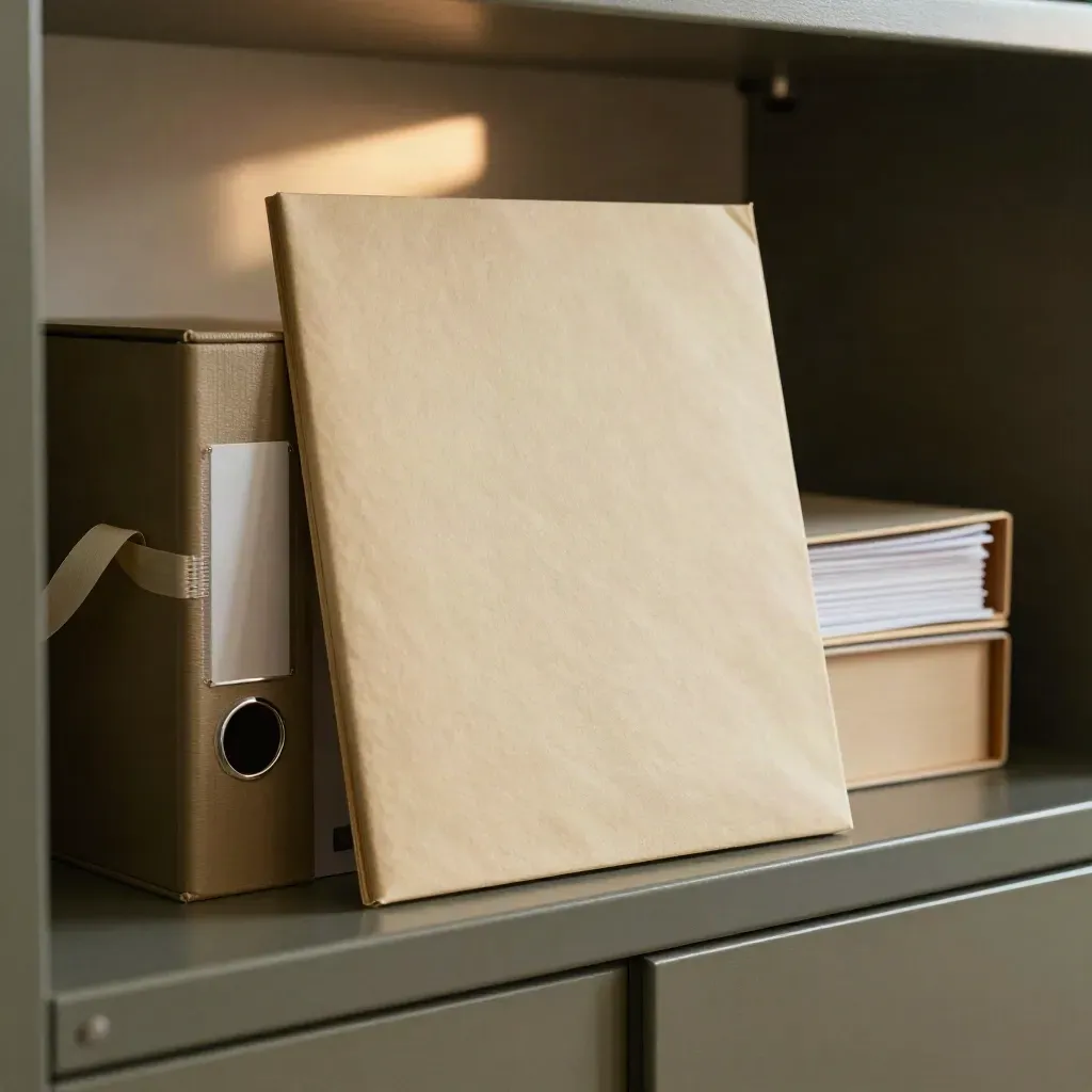 Sealed document sleeve and dossier box on an archive shelf in moody cinematic light.