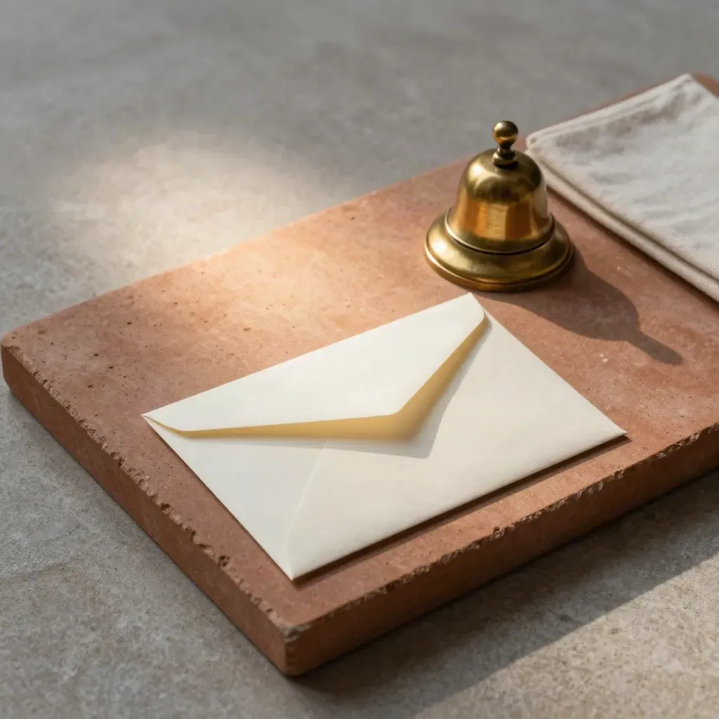 Brass bell, blank cards and frosted envelope on stone under warm editorial light.