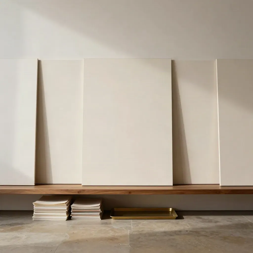 Five minimalist print boards above an archive ledge in soft warm daylight.