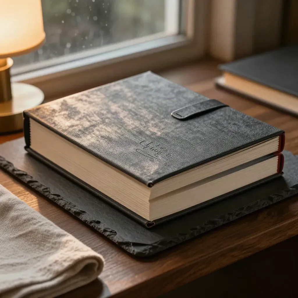 Compact dossier box with premium booklet and folded sleeve in warm late-afternoon light.