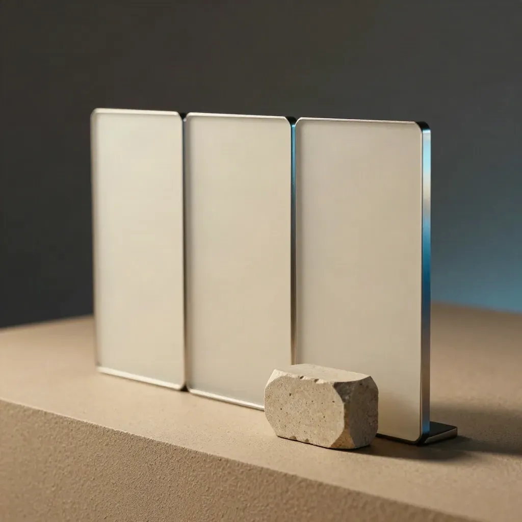 Three frosted service panels and a stone paperweight in soft daylight.