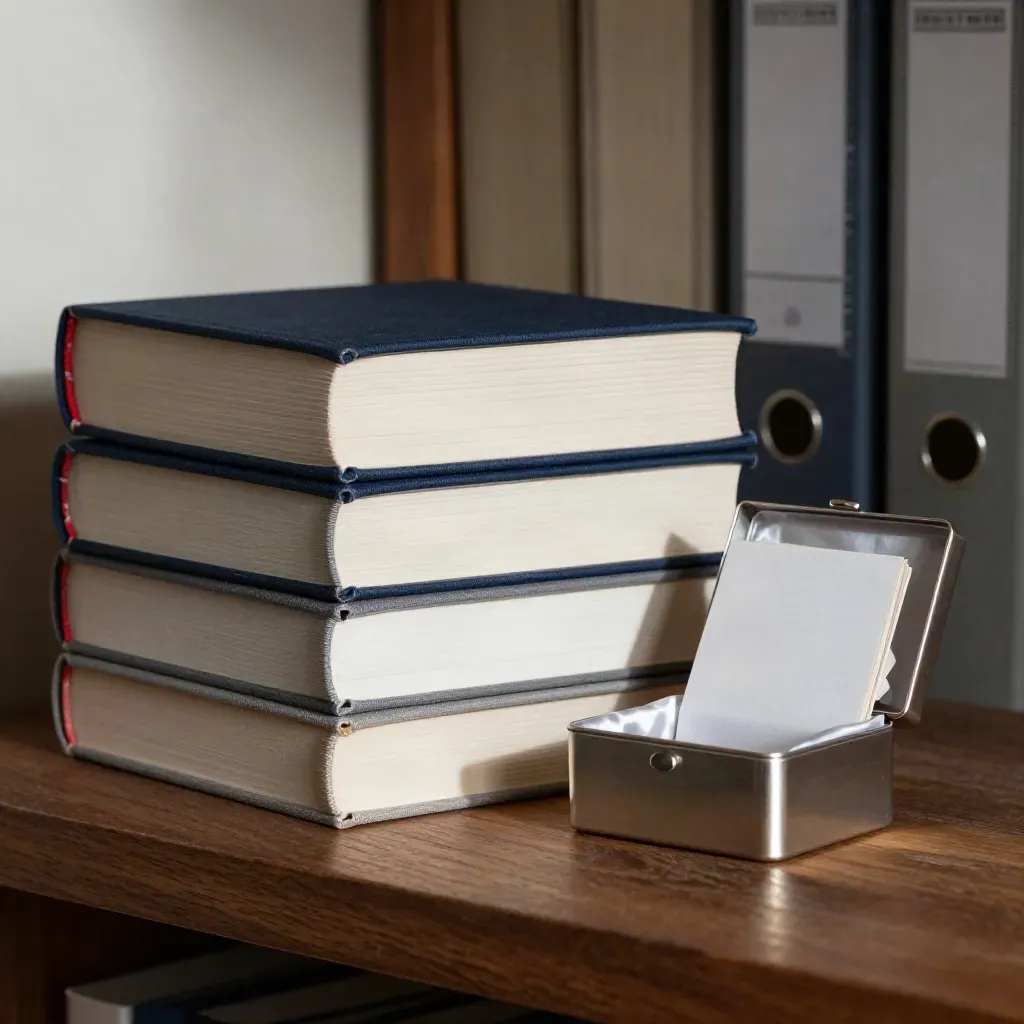 Three cloth-bound case-study books beside a brushed proof box on a walnut shelf