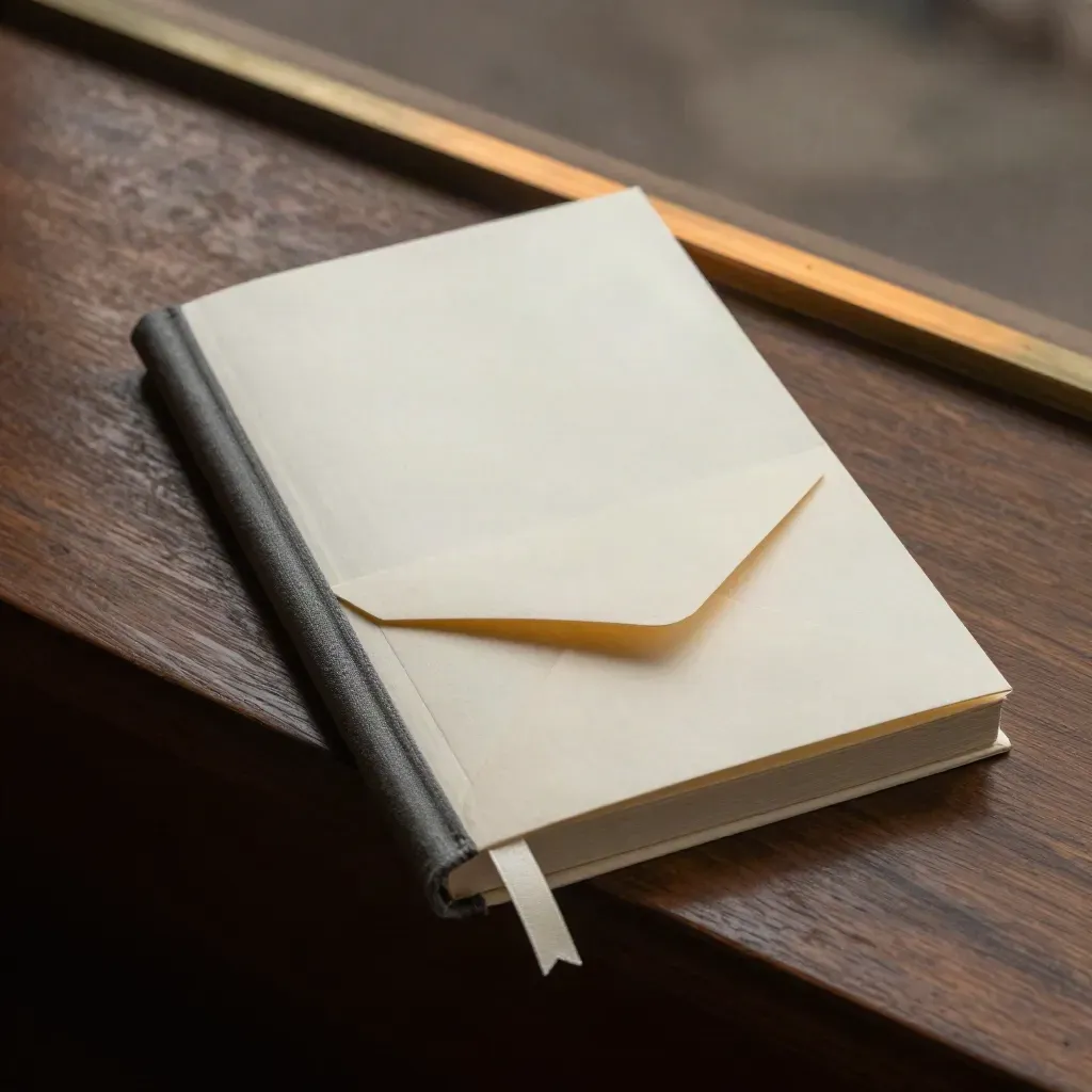 Top-down booklet, ribbon, and envelope pocket on dark walnut with amber light.