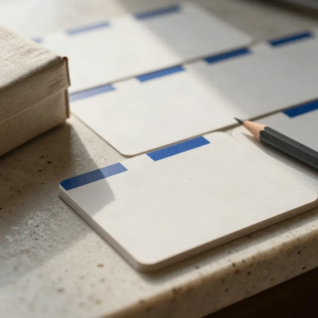 Macro of blank index cards, cobalt tabs, pencil and archival box on travertine