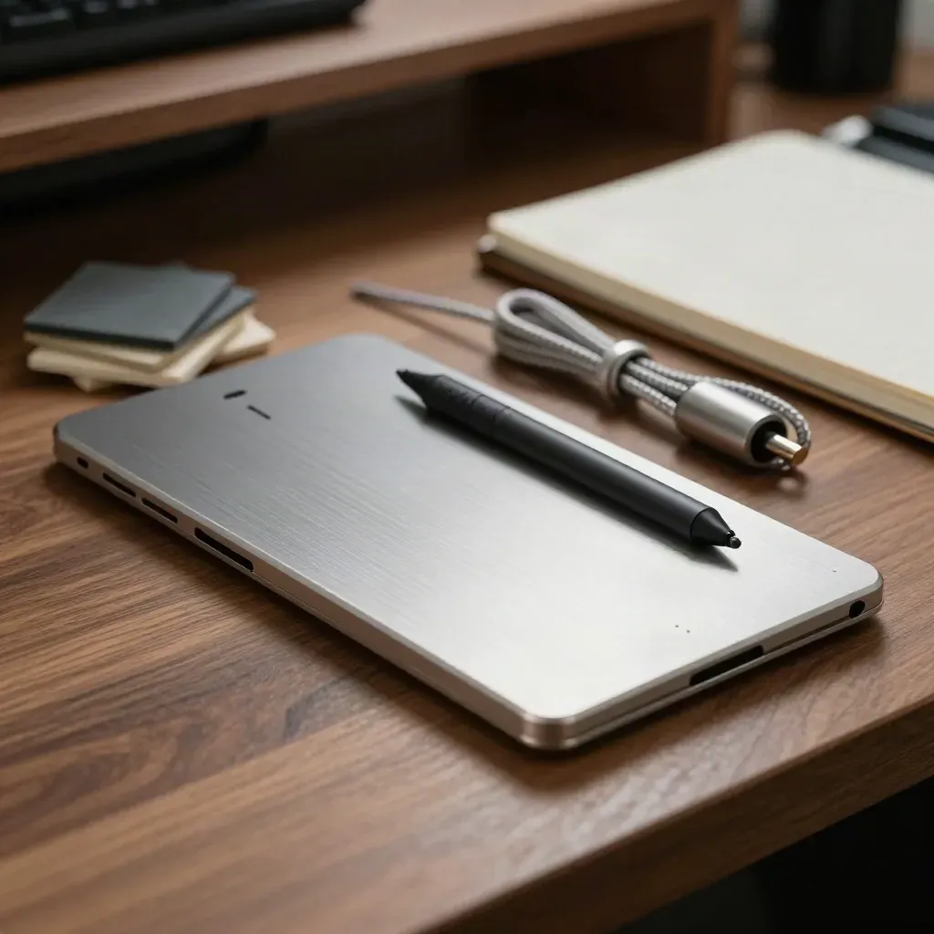 Aluminium trackpad, stylus, braided cable and sample chips on a walnut studio bench.