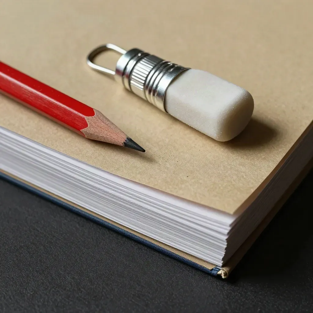 Red pencil, eraser, page clips, and face-down proof stack on textured paper.