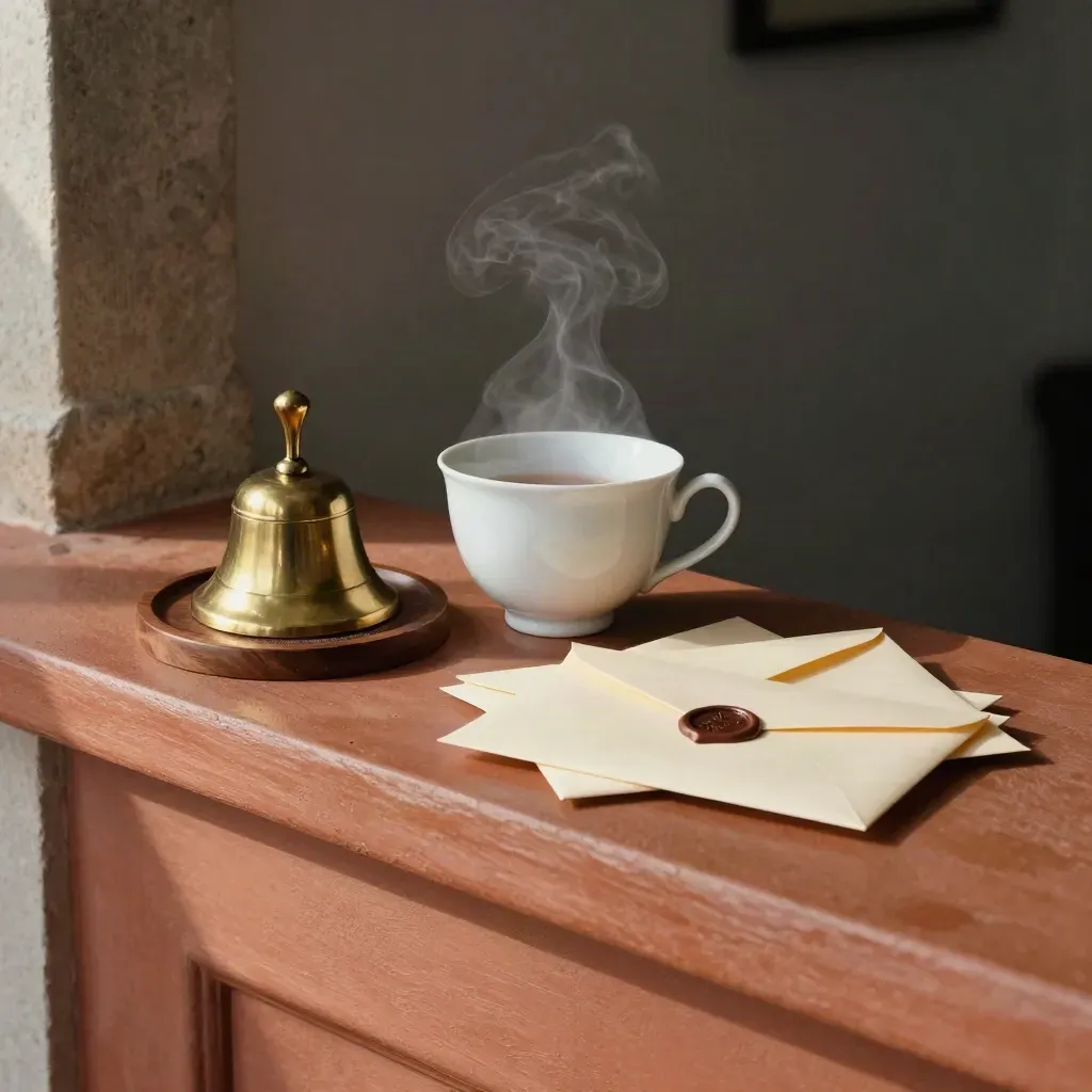 Tea cup, brass bell, sealed envelopes and call tray on a terracotta ledge, steaming in soft daylight