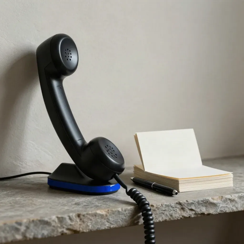 Black handset cradle with blank index cards and pen cap on a stone shelf, side-lit from left.