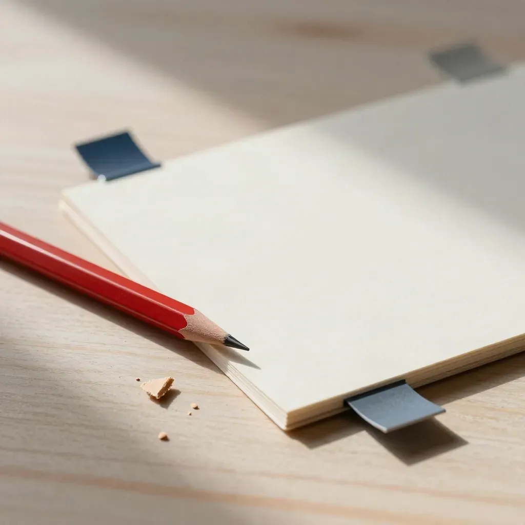 Red pencil, eraser crumbs, and navy tabs around an unmarked mockup board on pale wood.