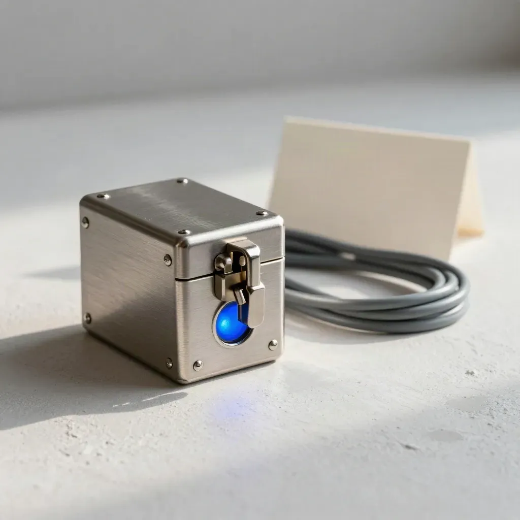 Brushed-metal status box, coiled cable and glowing cobalt indicator on plaster.