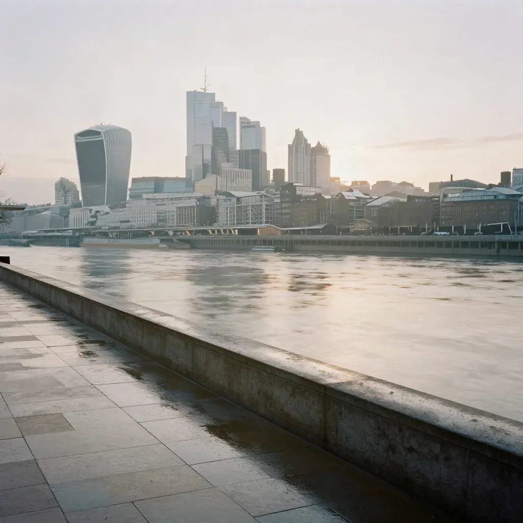 Misty City skyline over the Thames from a wet riverside terrace at dawn.