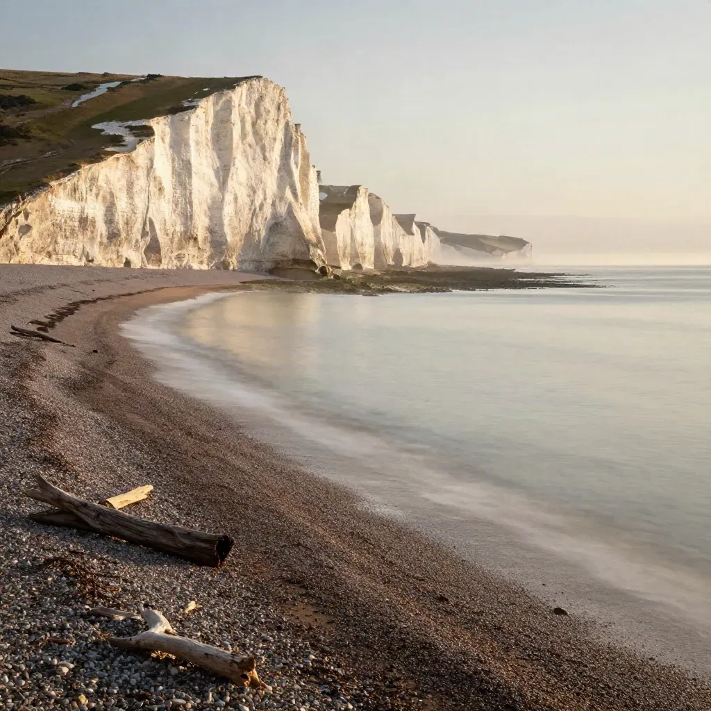 Sunlit white chalk cliffs above a misty shingle beach at sunrise