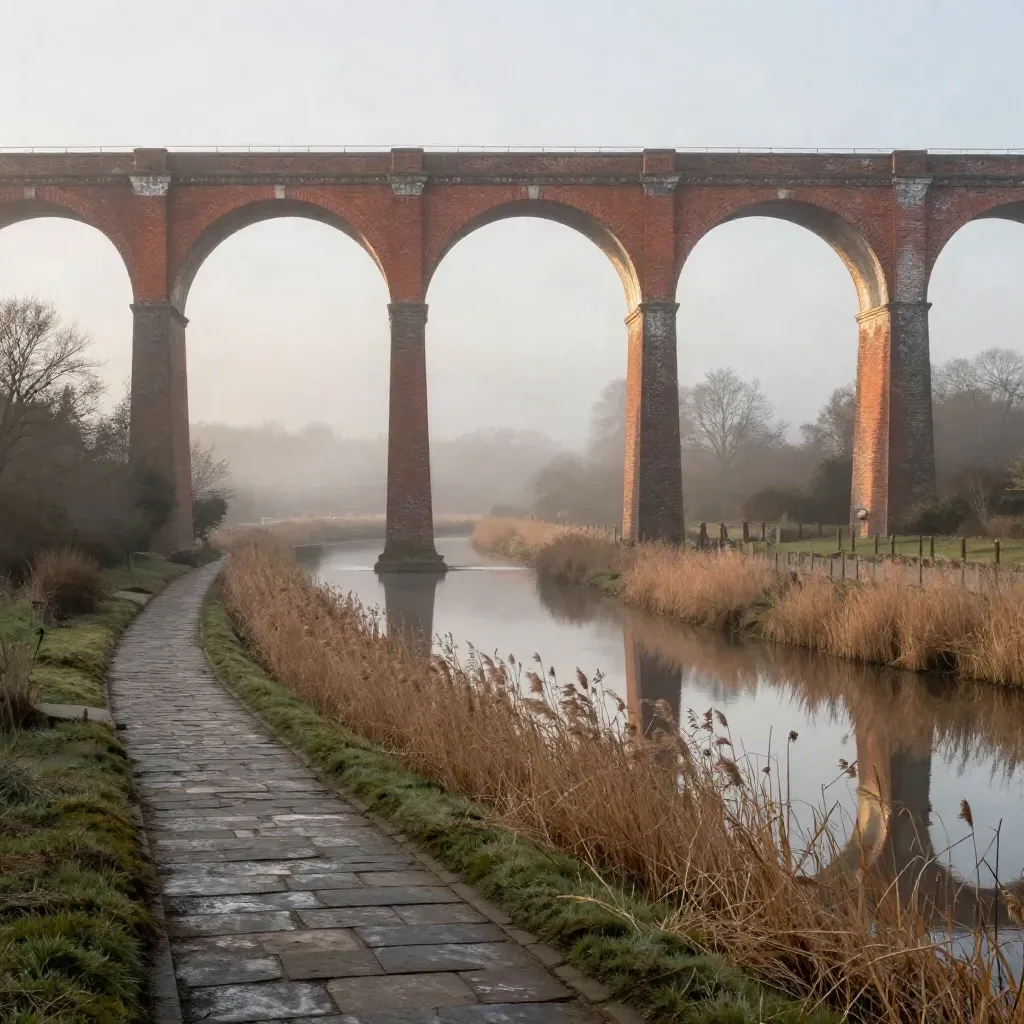 Foggy red-brick viaduct over a still Midlands canal basin at dawn