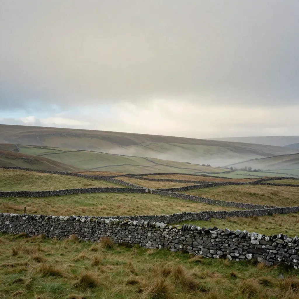 Storm-lit upland fields and dry-stone walls with mist and a pale break in the clouds