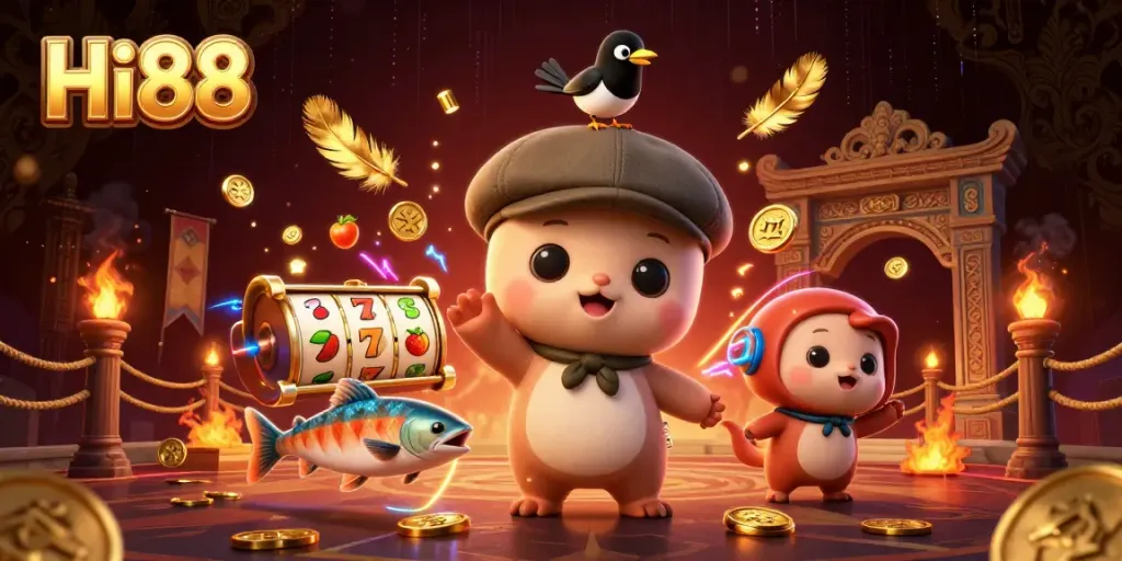 Win at Hi88 with 3D cartoon characters engaging in vibrant casino action.