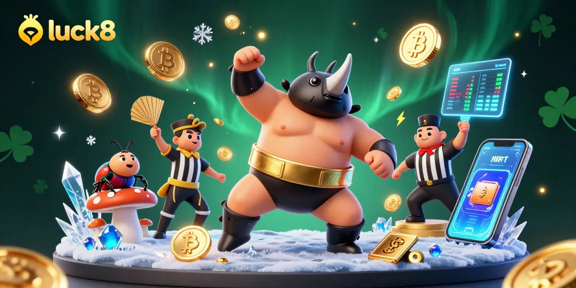 Experience the thrill of luck8 as a rhinoceros beetle champion stomps coins, with crypto elements swirling around.