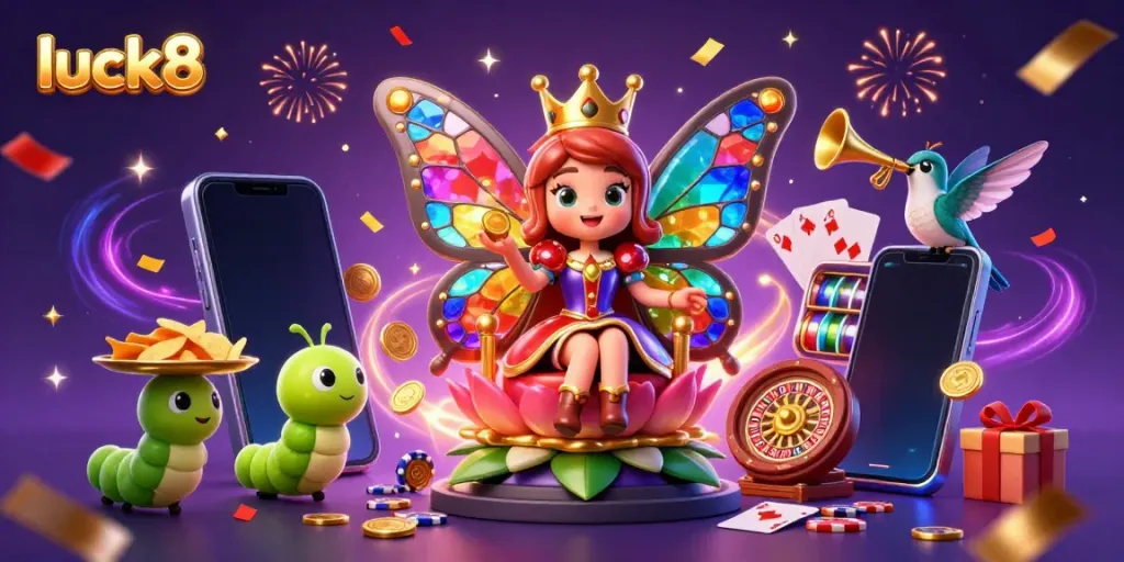 Experience the thrill of slots with luck8, featuring a vibrant casino scene and magical elements.