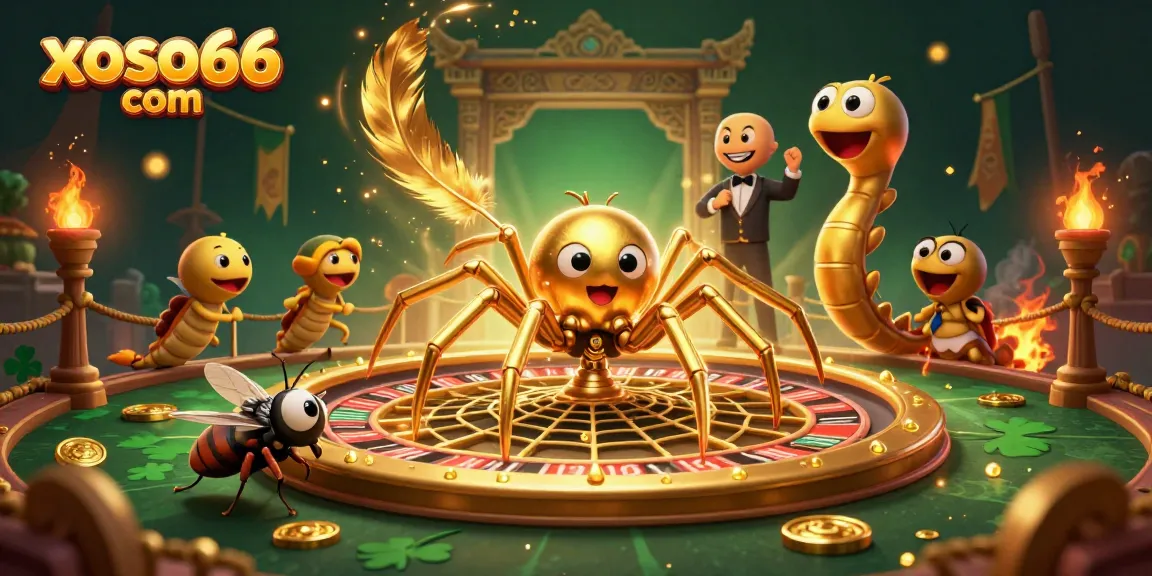 Engage with xoso66 com as a spider spins a roulette wheel web in this vibrant casino scene.