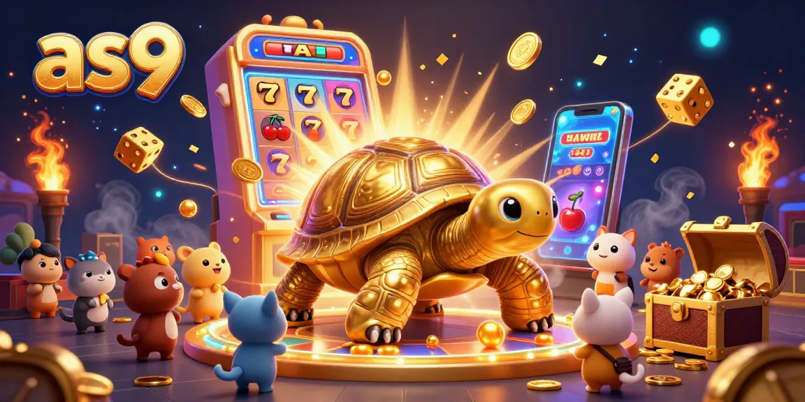Engaging scene showcasing as9 with a golden tortoise pinball machine surrounded by dynamic casino elements and excited animals.