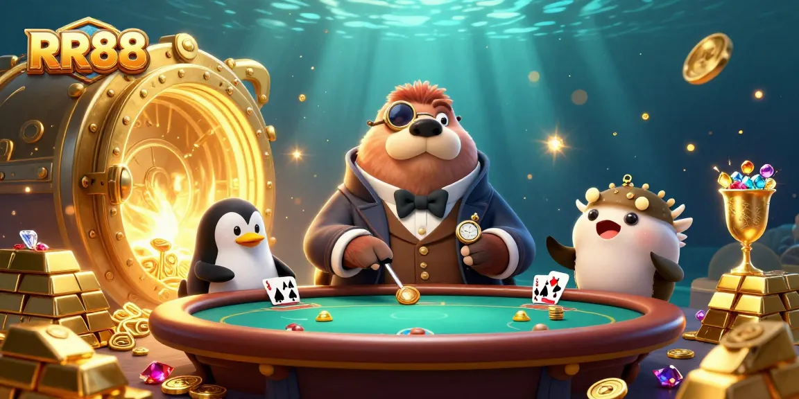 RR88 showcases a vibrant underwater poker scene with playful characters and lavish treasures.
