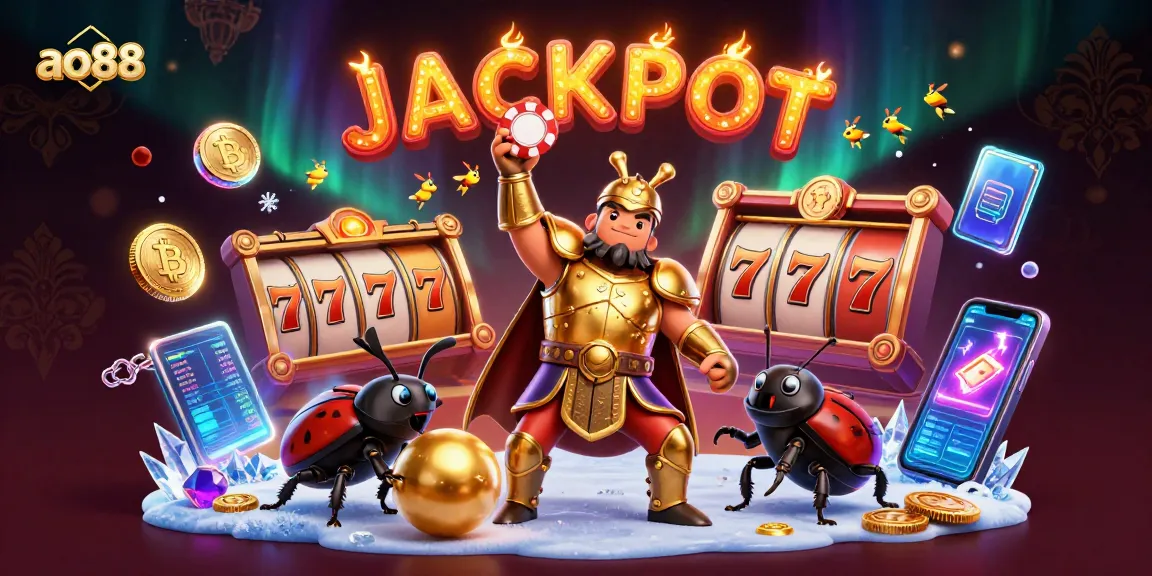 Experience the excitement of ao88 as a hercules beetle lifts a poker chip in victory amidst casino elements and crypto coins.