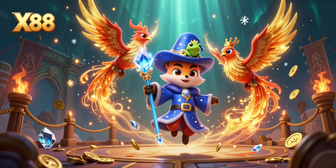 X88 creates a magical casino realm with a wizard fox and phoenix, full of engaging gaming elements.