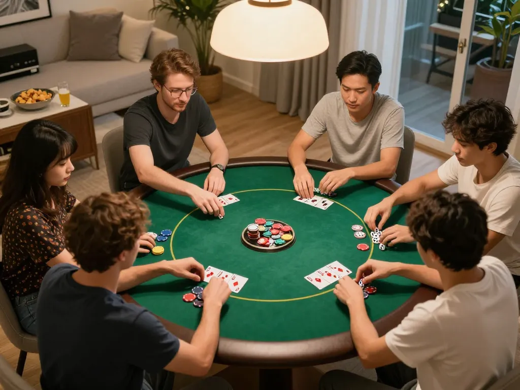 Exciting home poker night with friends playing tài xỉu, displaying dynamic gameplay and social interactions.
