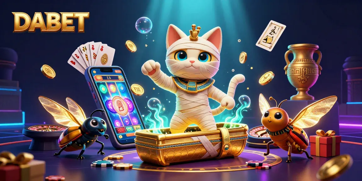 DABET presents a vibrant casino scene with a mummy cat and glowing scarab, emphasizing gaming excitement