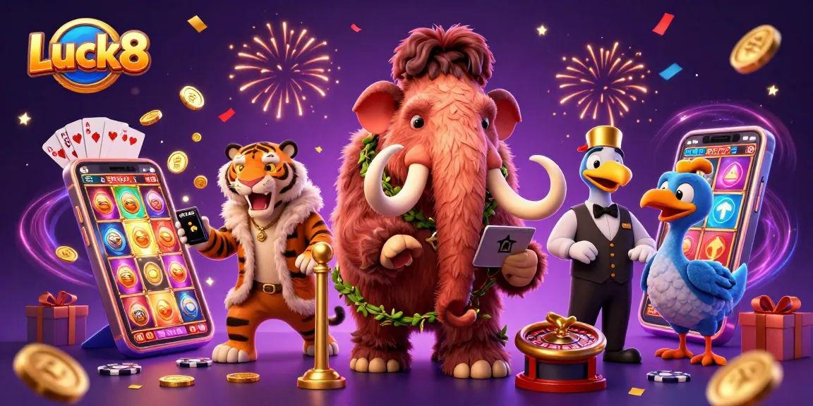 Luck8 casino scene with a bouncer woolly mammoth, VIP saber-tooth tiger, and a dodo bird doorman interacting among dynamic gaming elements.