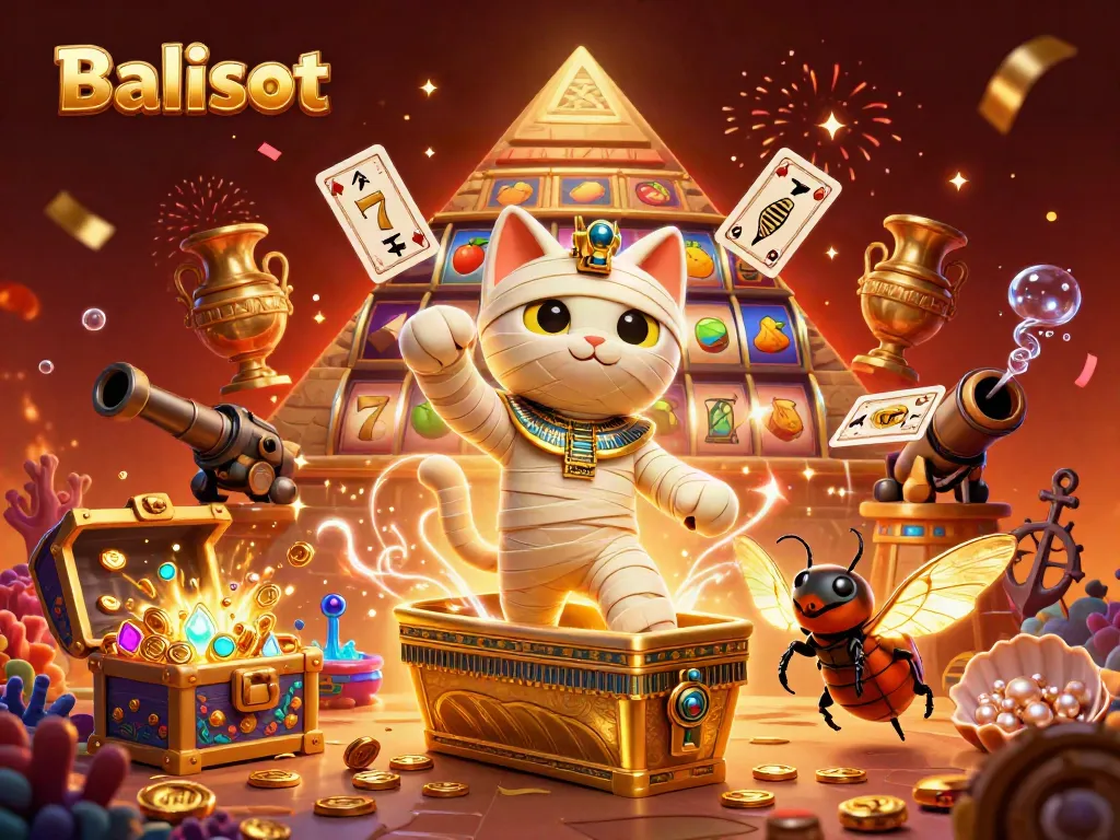 Engage with the thrilling excitement of Balislot as the mummy cat and scarab beetle celebrate with slot reels and treasure.