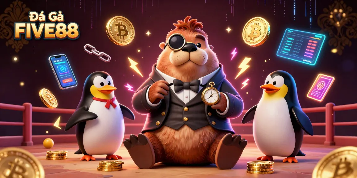 Experience thrilling Đá Gà FIVE88 action in a vibrant, animated arena with unique characters.