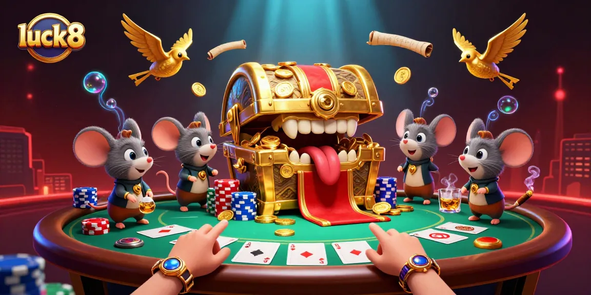 Engage with luck8's thrilling casino adventure featuring a cartoon treasure chest and poker scene.