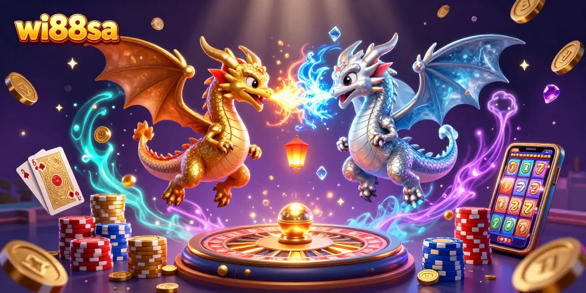 Engage with wi88sa's exciting casino games surrounded by vibrant dragons and sparkling elements.