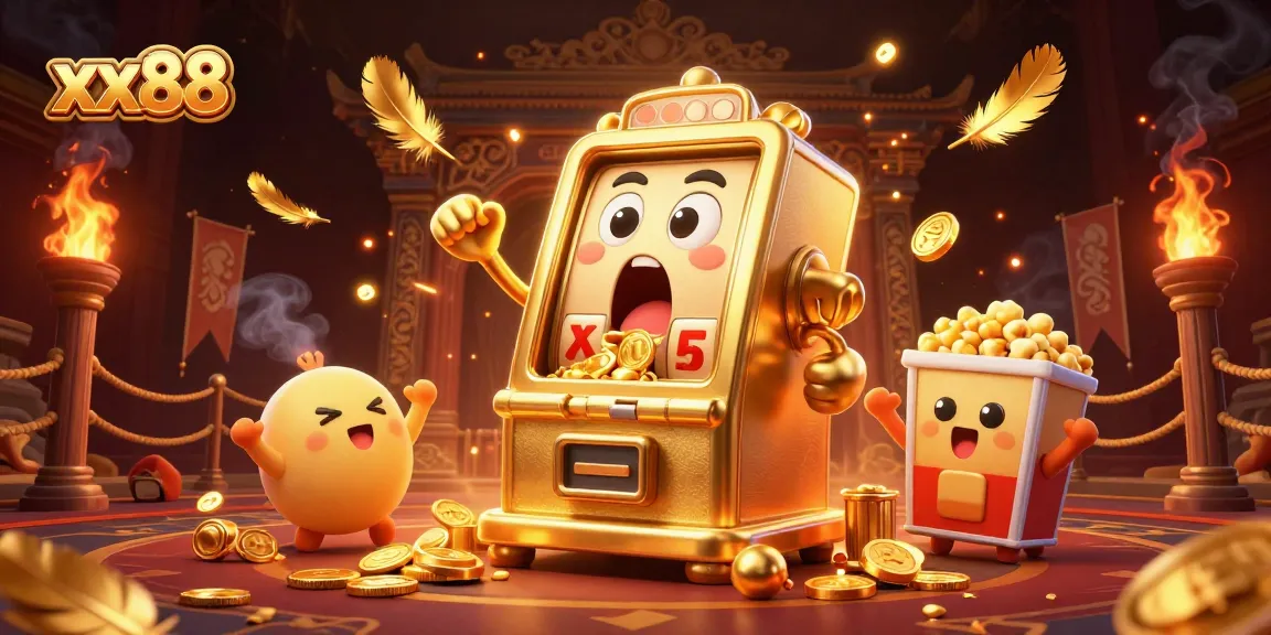 Spin jackpots with xx88's golden slot machine in a vibrant casino atmosphere full of cheering.