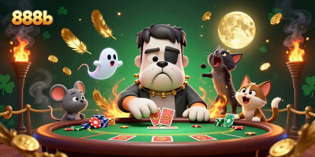 Experience the thrill of 888b gaming with an epic scene of monsters and chips at a vibrant poker table.