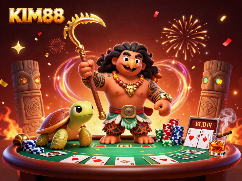 Experience KIM88's exciting casino atmosphere with a vibrant poker scene and dynamic characters.