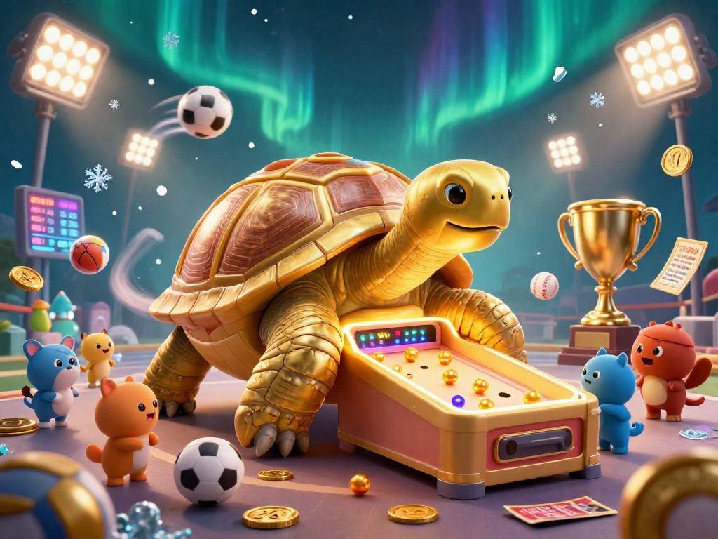 Engage with ta88ac in this lively 3D scene showcasing a playful tortoise pinball game, sports elements, and colorful characters.
