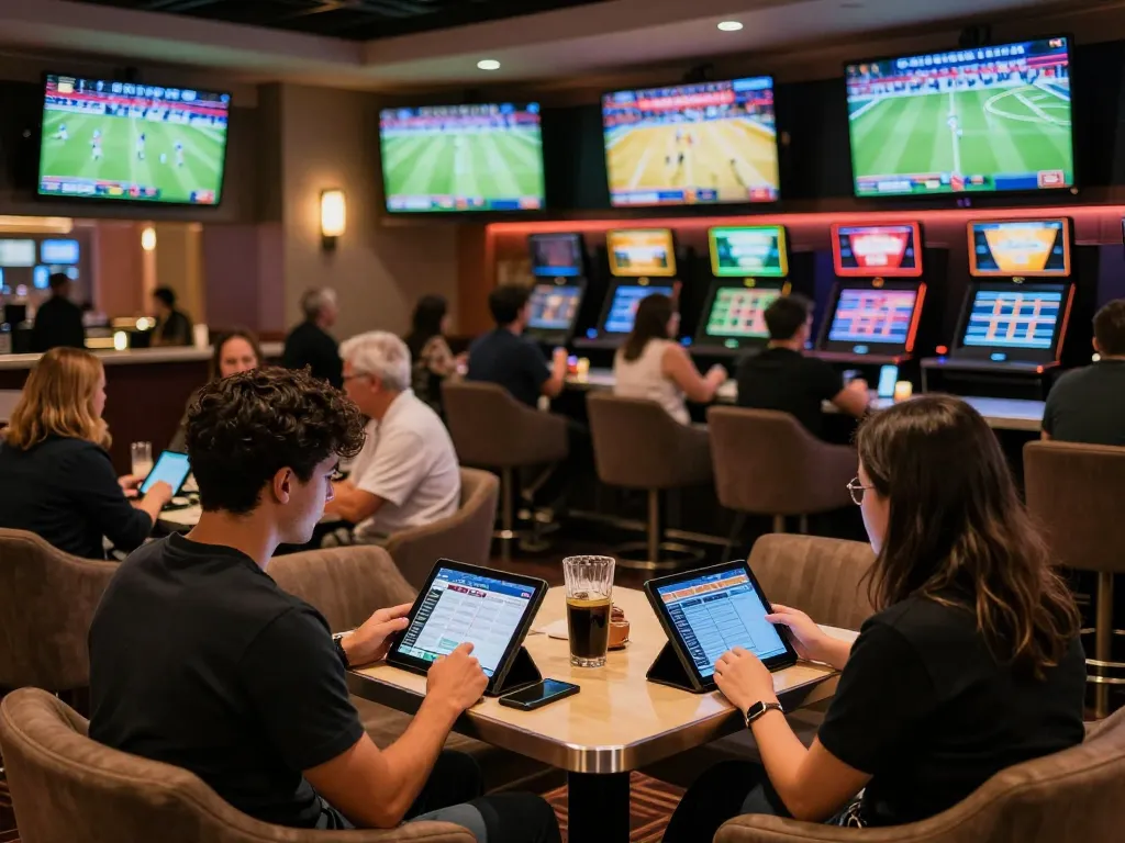 Patrons engaged in sports betting excitement at LC88 club, reviewing odds on tablets in a modern casino lounge.