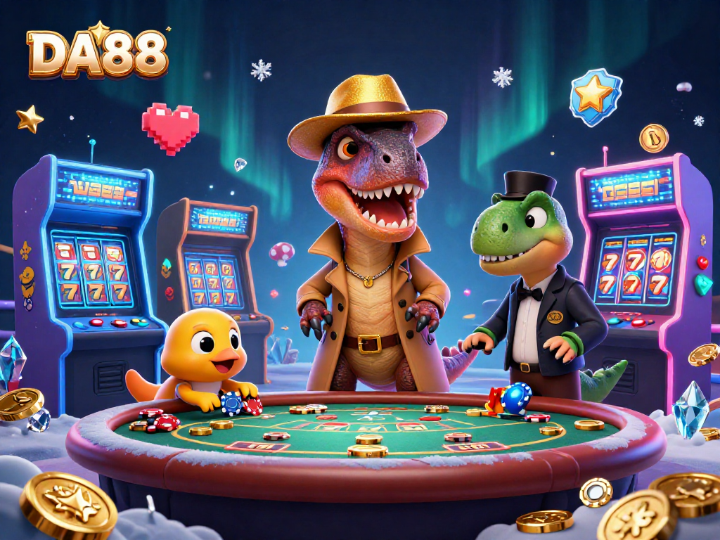 Engage with DA88's animated slots scene featuring a velociraptor card counter, stegosaurus pit boss, and compy pickpocket.