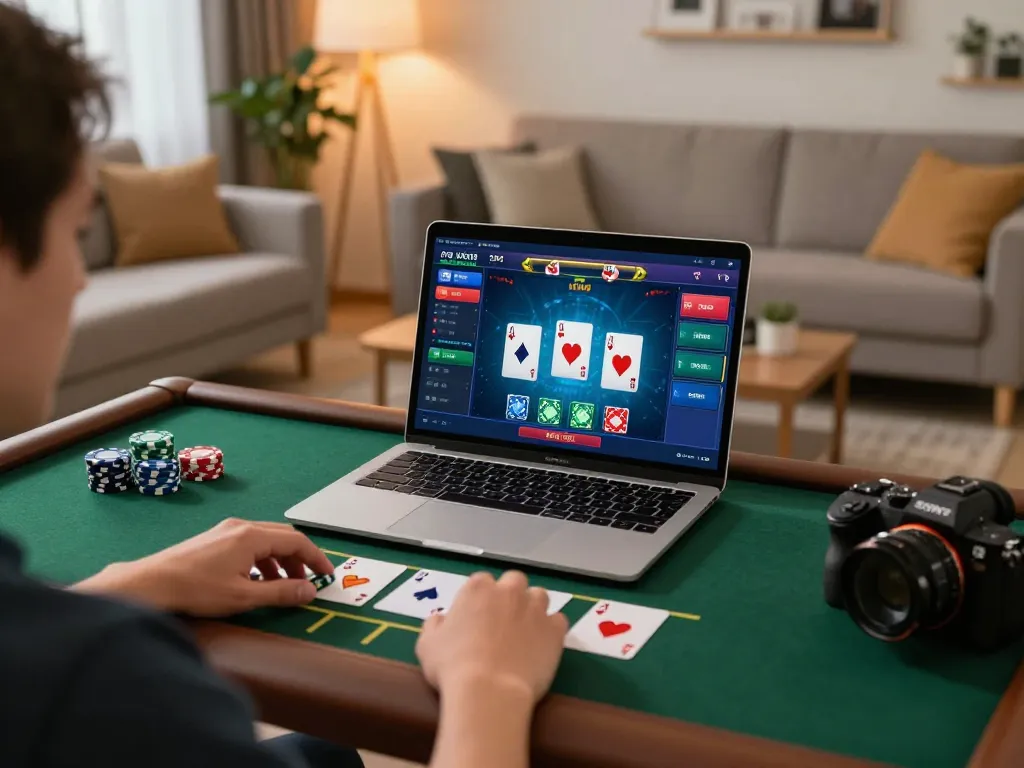 X88 online blackjack gameplay on a laptop shows excitement and strategy in a cozy living room.