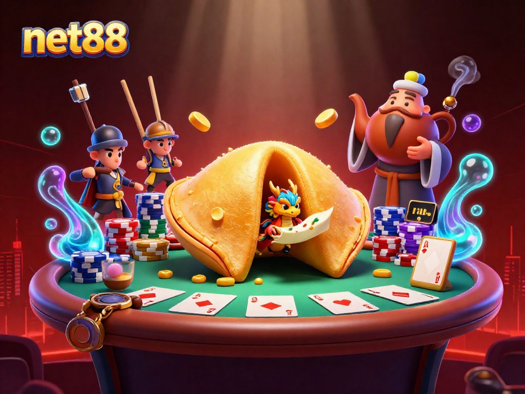 Play exciting games at net88 with vibrant casino elements in a dynamic, illustrative scene.