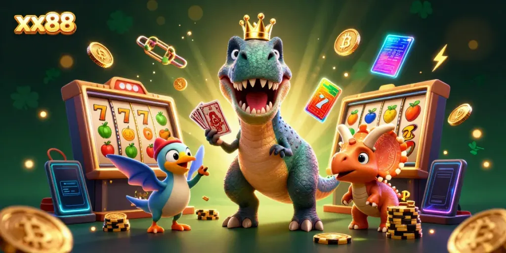 Experience the excitement of xx88 with a cartoon T-Rex playing cards and stacking chips in a vibrant casino scene.