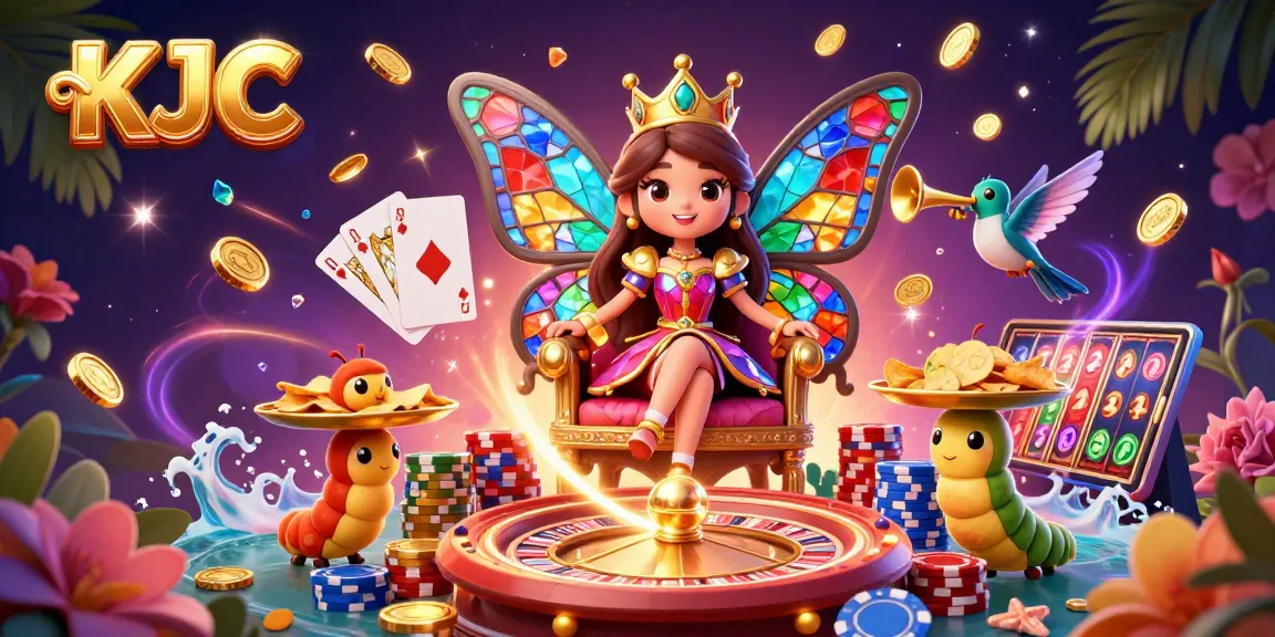 KJC casino illustration featuring a butterfly queen, golden chips, and vibrant game elements amidst a dynamic atmosphere.