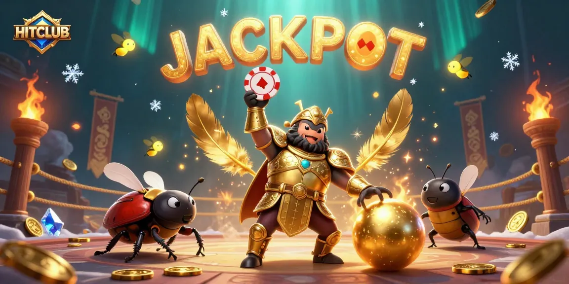HITCLUB jackpot scene with 3D beetles celebrating victory in a vibrant casino arena