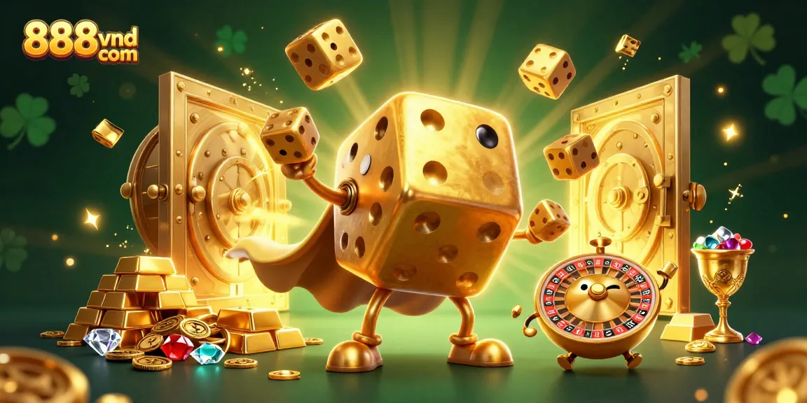 Immerse in excitement with the 888vnd com casino scene featuring golden dice and treasures.