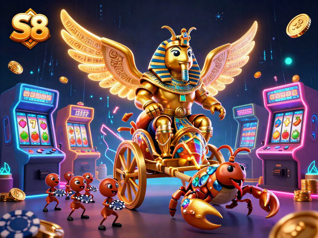 S8 casino illustration showcasing a golden scarab beetle with poker chips and vibrant slot elements.
