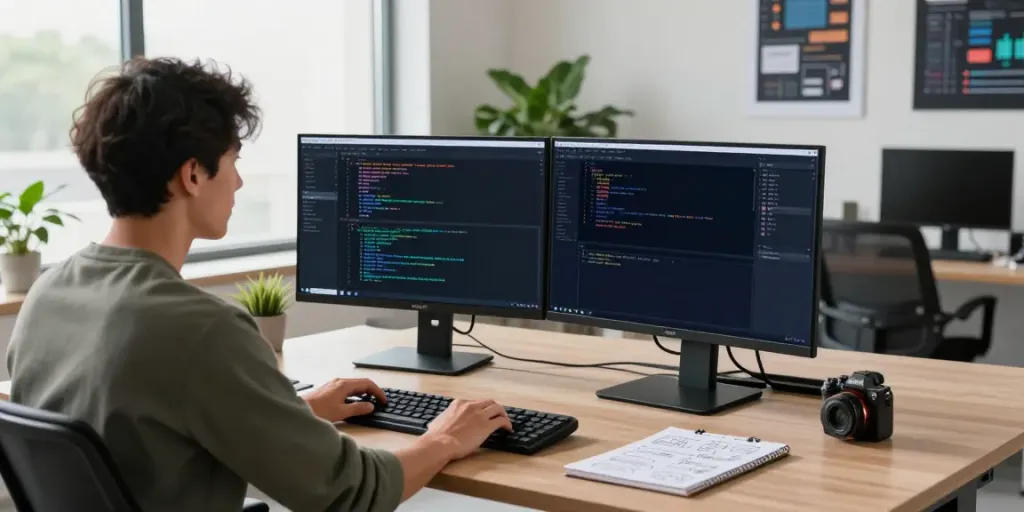 Developer utilizing instant indexing tools in a modern tech workspace.