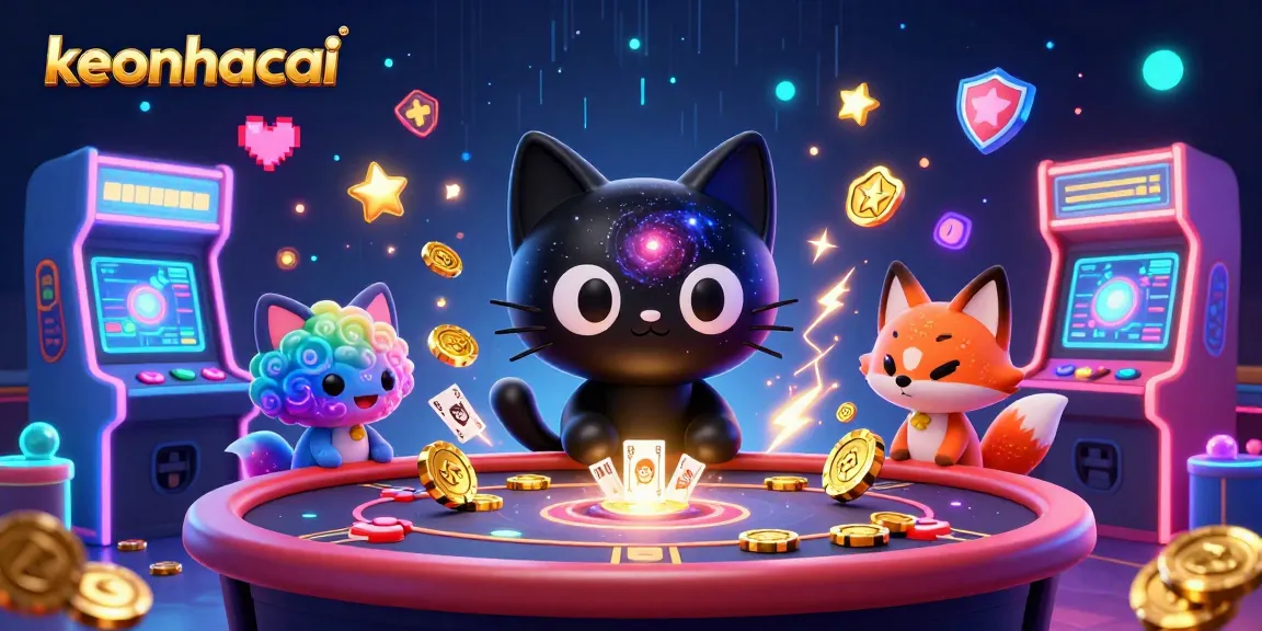 Engage in keonhacai with a cosmic casino showdown featuring a gravitational black hole cat and colorful gas fox.