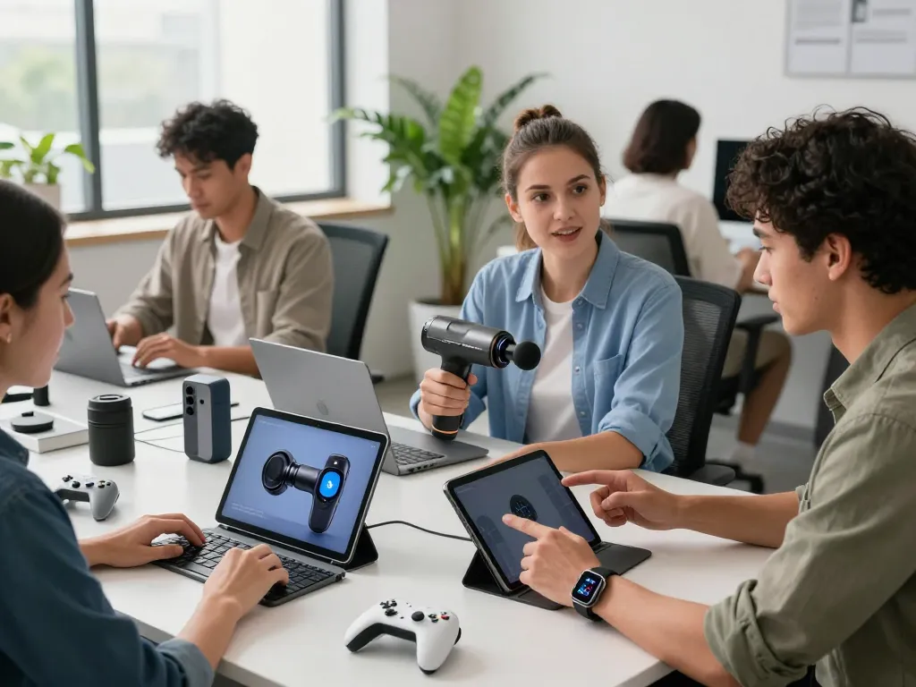 Team collaborating on innovative smart tech gadgets including a Bluetooth massage gun and fitness tracker in a modern office.
