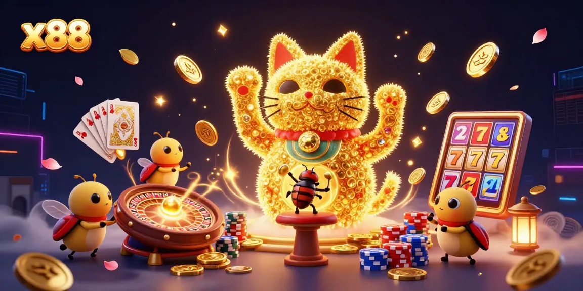 Engaging x88 gaming experience showcasing vibrant casino elements with a lucky cat and fireflies.